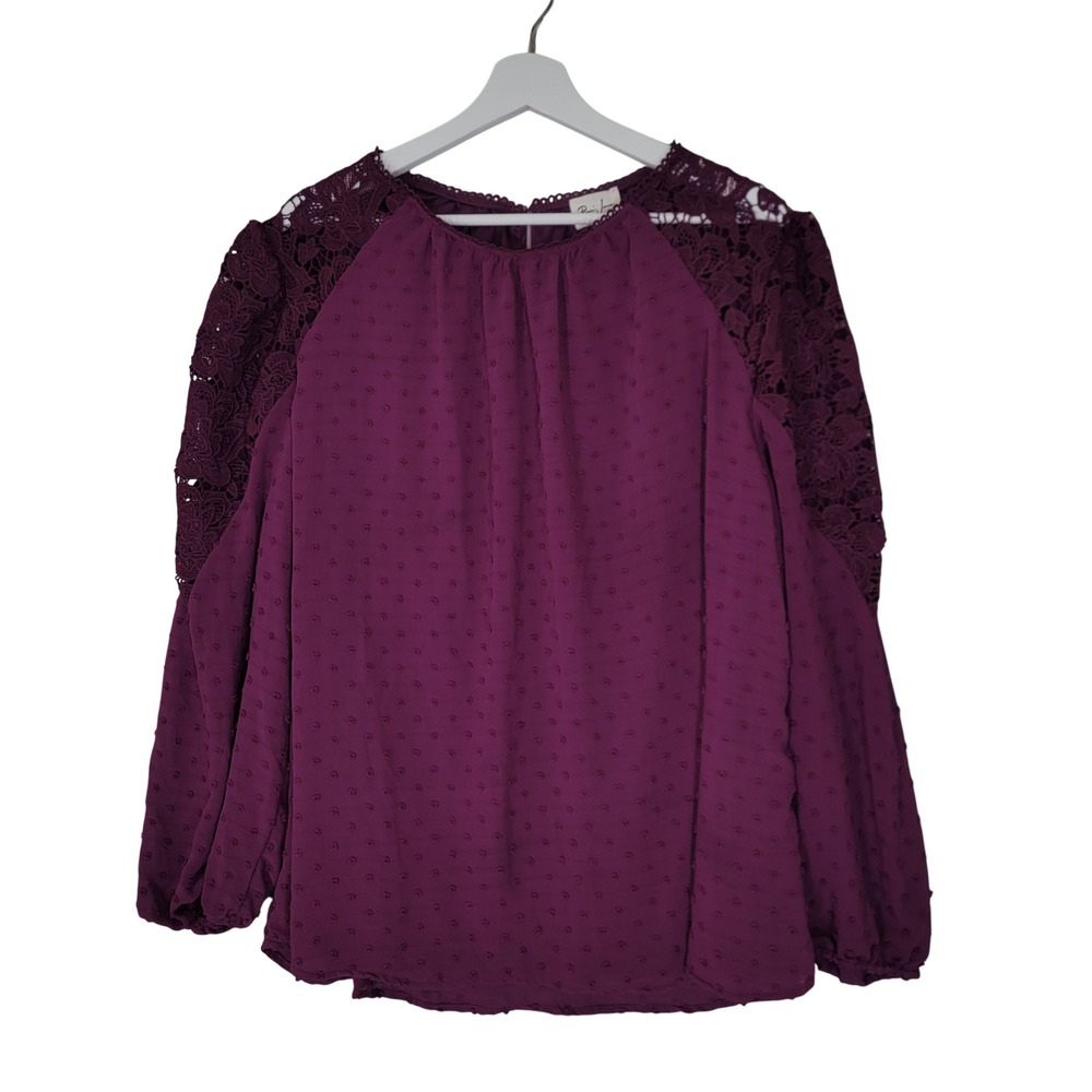 Remi James NYC Blouse Womens 2X Purple Swiss Dot Crochet Shoulder Long Sleeve